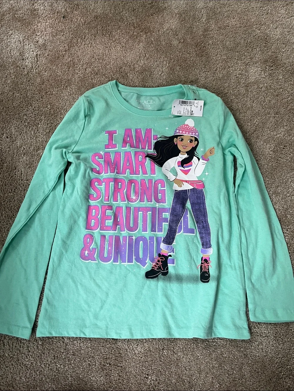 The Children's Place Mint Green Long Sleeve Tee with Pink & Purple Graphic Girl
